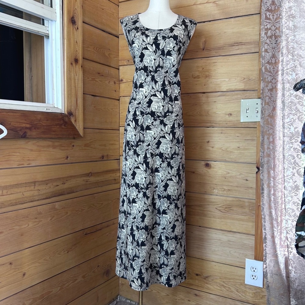 Vintage Cotton Maxi Dress Women Large Black White Rose Floral Column Gown MCM